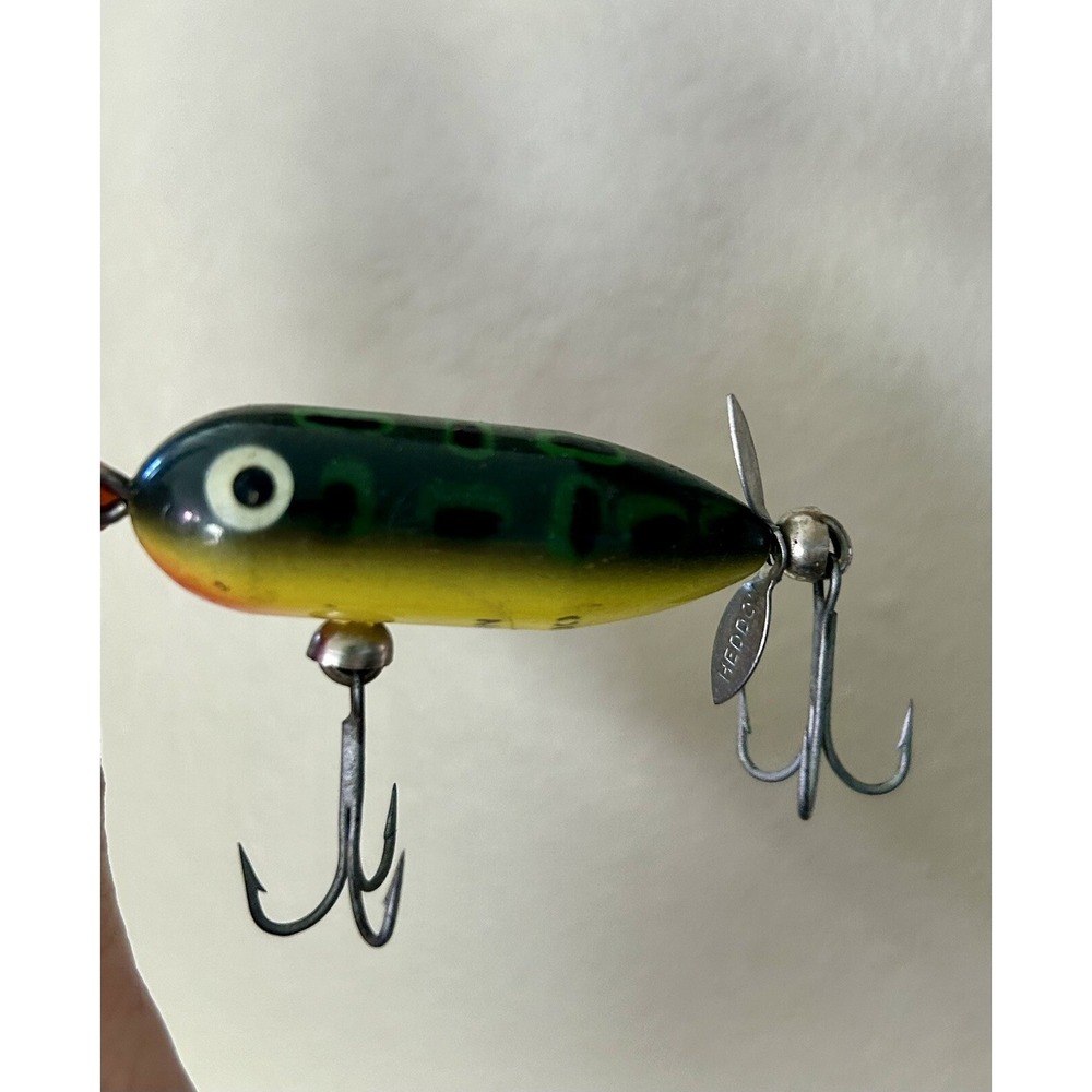 VINTAGE FISHING LURE HEDDON TINY TORPEDO FROG Green & Yellow - Picture 2 of 6
